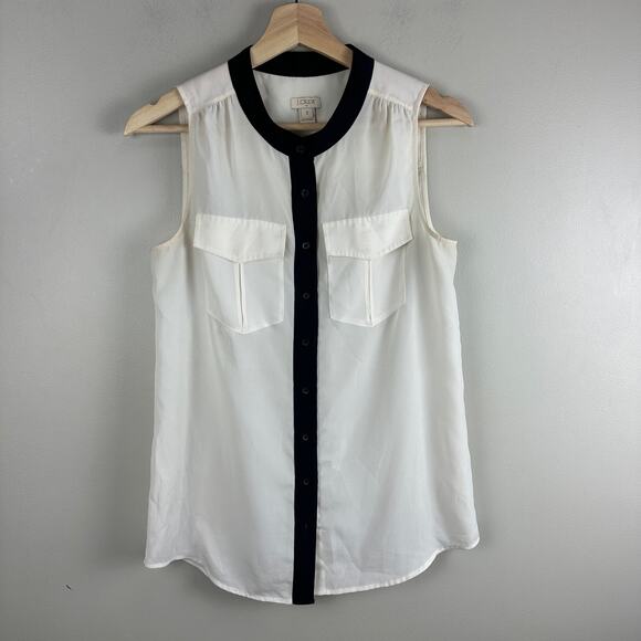 J Crew Cream Black Sleeveless Button Down Shirt Top 2 XS Extra Small - Picture 2 of 7